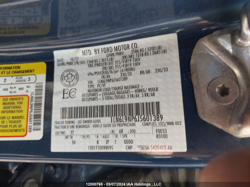 2018 Lincoln Continental Reserve VIN: 1LN6L9NP6J5601389 Lot: 12000768