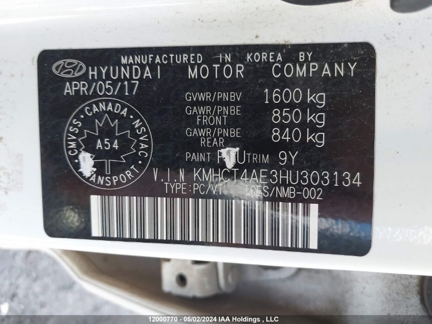 2017 Hyundai Accent Se VIN: KMHCT4AE3HU303134 Lot: 12000770