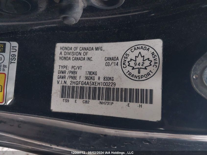 2014 Honda Civic VIN: 2HGFG4A5XEH100229 Lot: 12000772