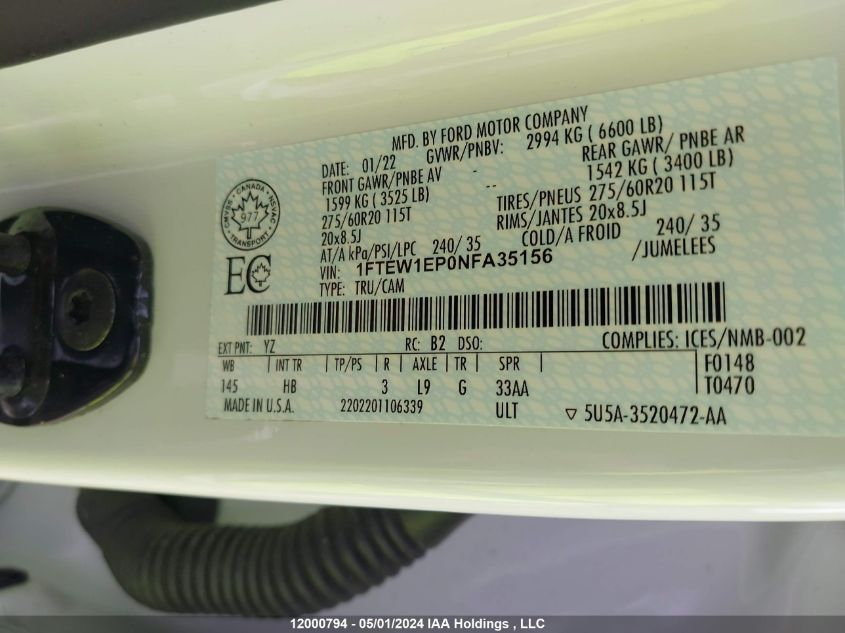 2022 Ford F150 Supercrew VIN: 1FTEW1EP0NFA35156 Lot: 12000794
