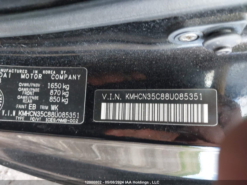 2008 Hyundai Accent Gs VIN: KMHCN35C88U085351 Lot: 12000802