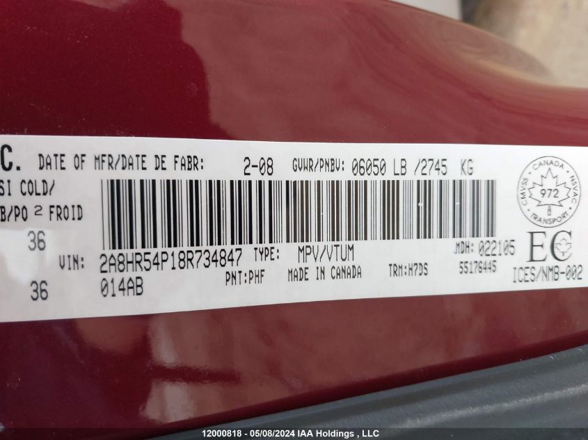 2008 Chrysler Town & Country Touring VIN: 2A8HR54P18R734847 Lot: 12000818