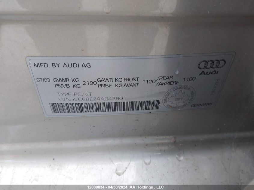 2004 Audi A4 VIN: WAUVC68E24A043901 Lot: 12000834