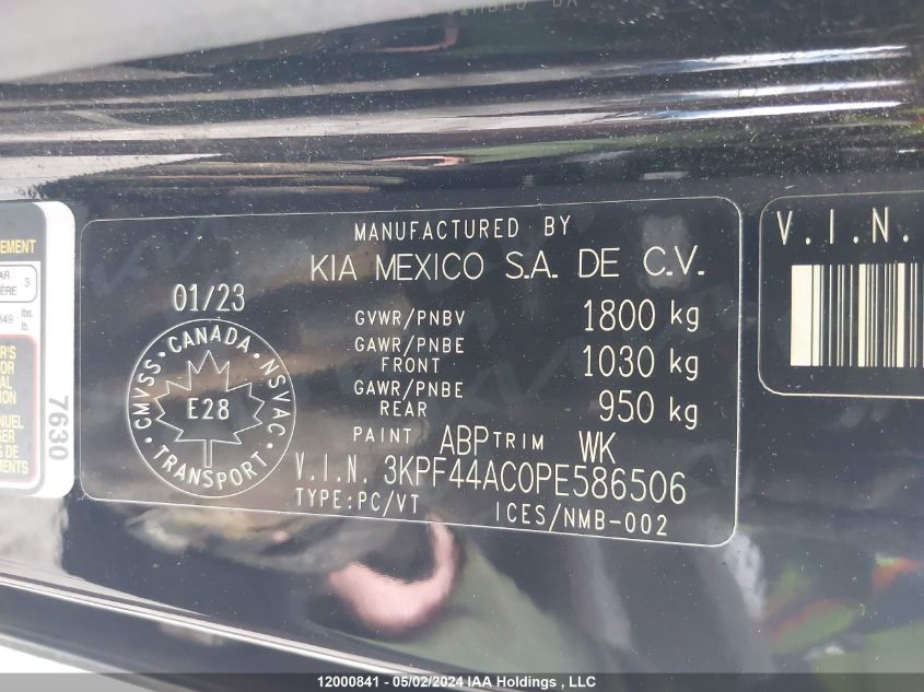 2023 Kia Forte VIN: 3KPF44AC0PE586506 Lot: 12000841