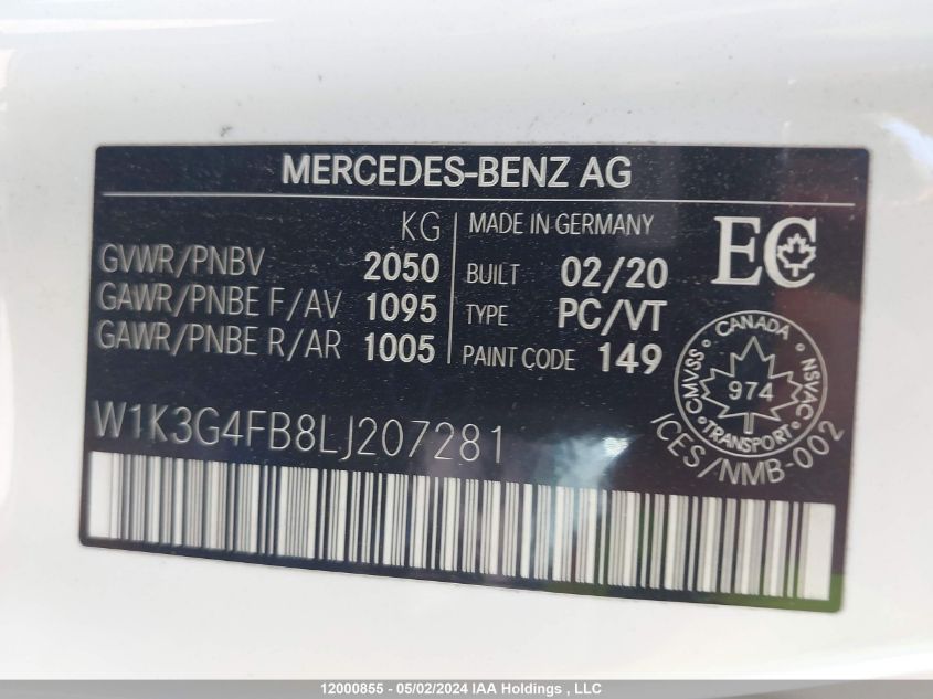 2020 Mercedes-Benz A-Class VIN: W1K3G4FB8LJ207281 Lot: 12000855