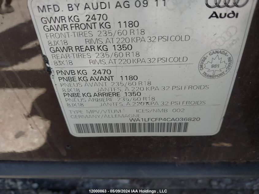 2012 Audi Q5 VIN: WA1LFCFP4CA036820 Lot: 12000863