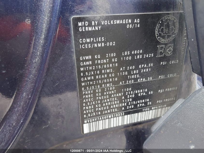 2015 Volkswagen Tiguan VIN: WVGHV7AX6FW510332 Lot: 12000871