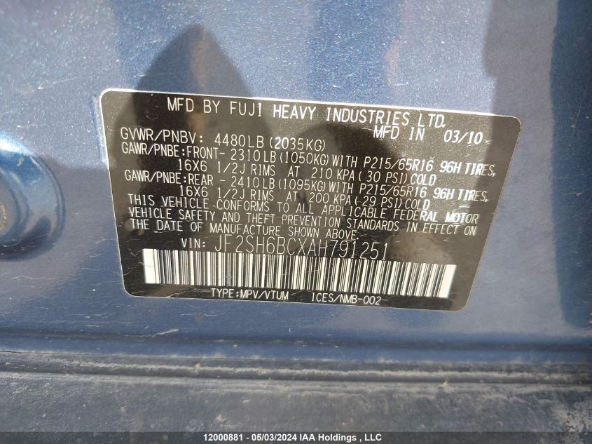 2010 Subaru Forester VIN: JF2SH6BCXAH791251 Lot: 12000881