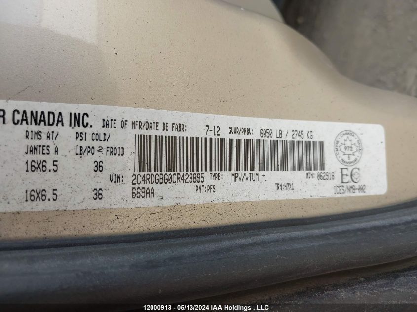 2012 Dodge Grand Caravan Se VIN: 2C4RDGBG0CR423895 Lot: 12000913