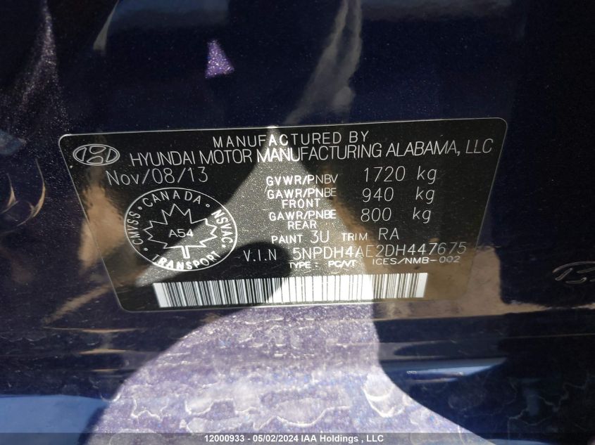 2013 Hyundai Elantra Gls/Limited VIN: 5NPDH4AE2DH447675 Lot: 12000933