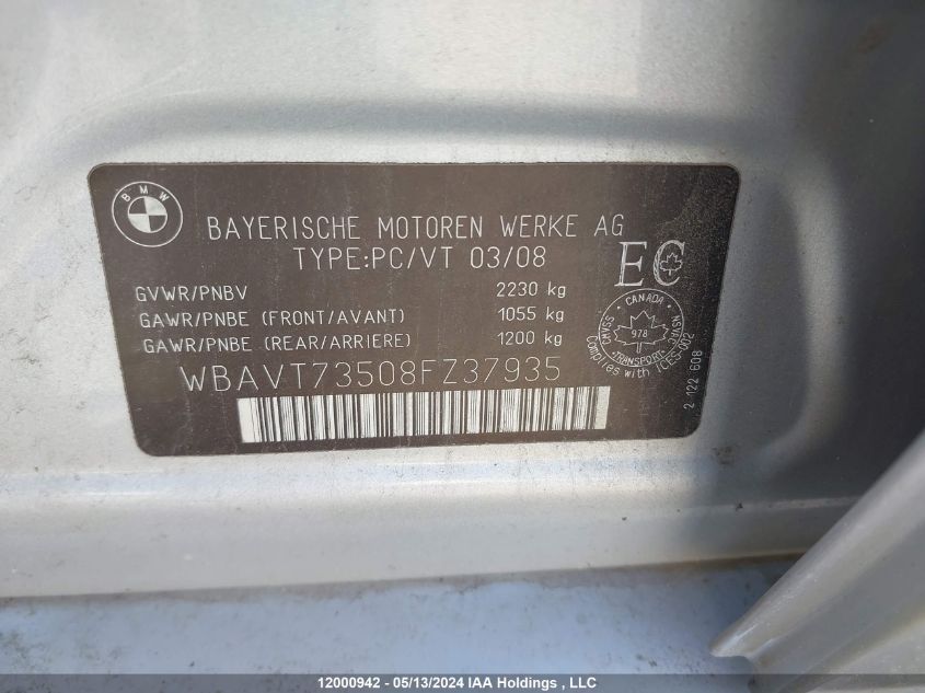 2008 BMW 3 Series VIN: WBAVT73508FZ37935 Lot: 12000942