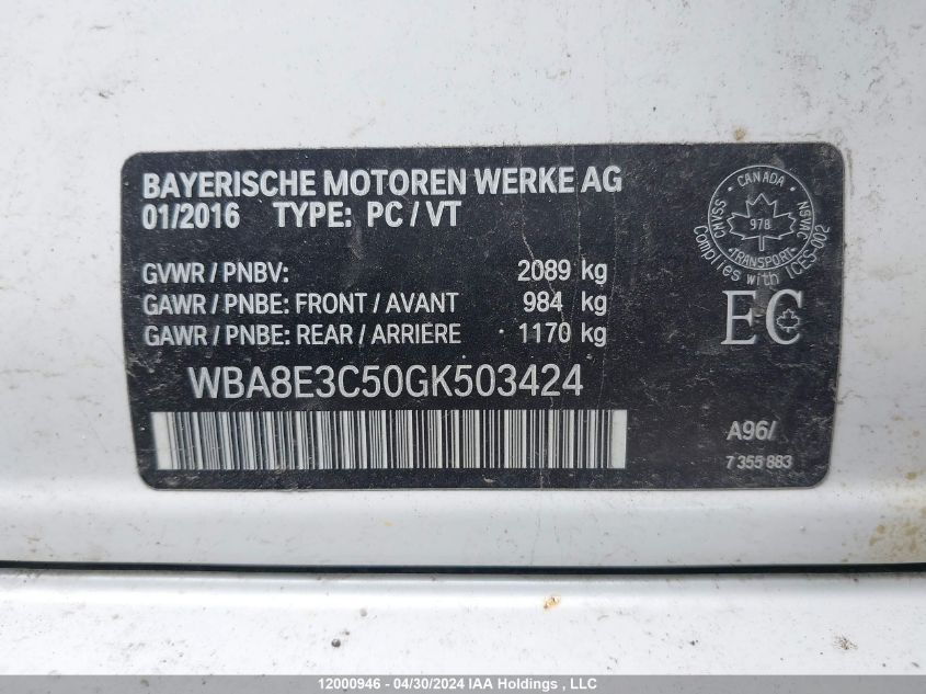 2016 BMW 3 Series VIN: WBA8E3C50GK503424 Lot: 12000946