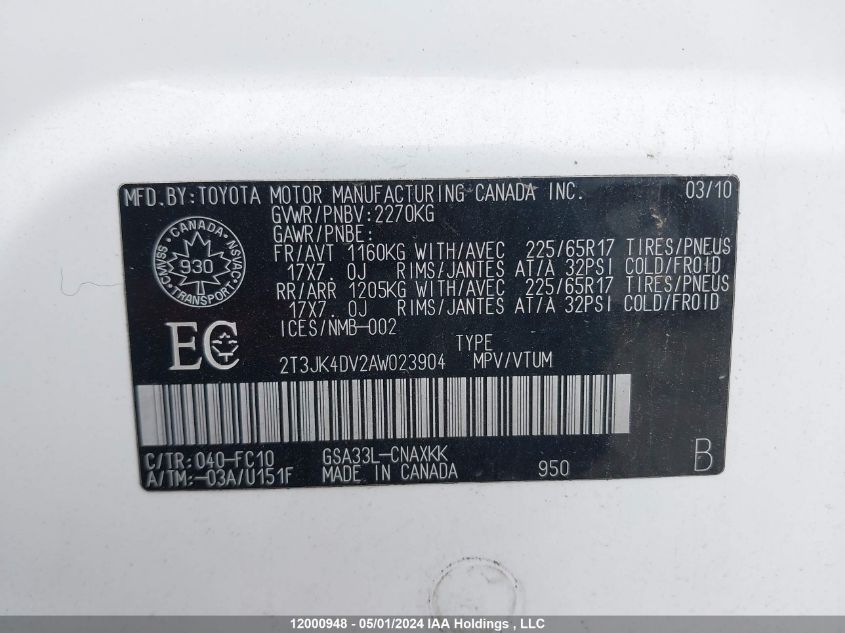 2010 Toyota Rav4 VIN: 2T3JK4DV2AW023904 Lot: 12000948