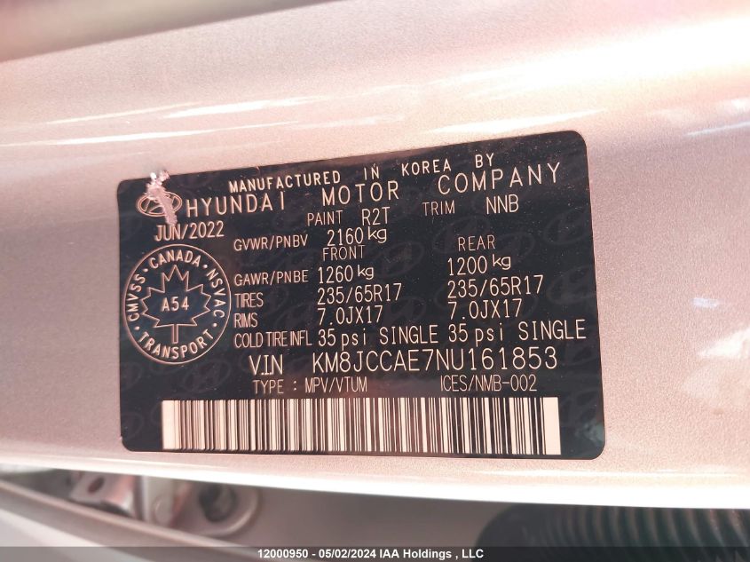 2022 Hyundai Tucson Preferred Awd With Trend Package VIN: KM8JCCAE7NU161853 Lot: 12000950