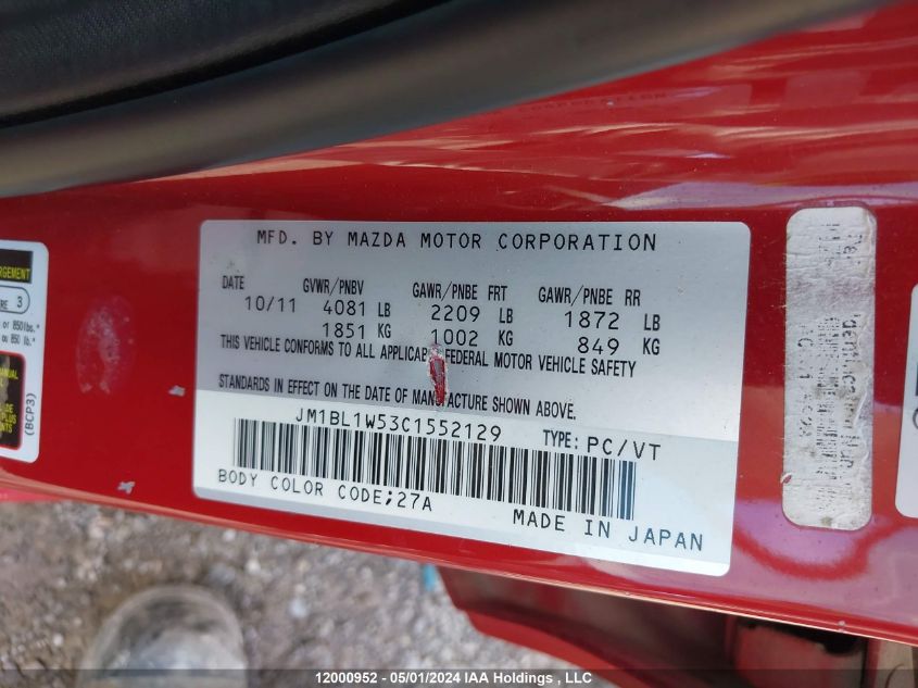 2012 Mazda 3 S VIN: JM1BL1W53C1552129 Lot: 12000952