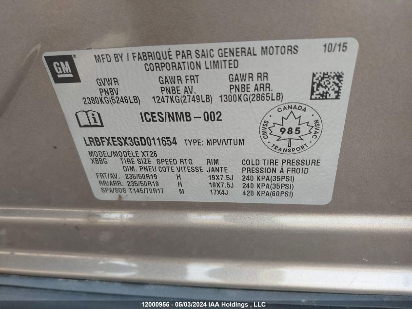 2016 Buick Envision VIN: LRBFXESX3GD011654 Lot: 12000955