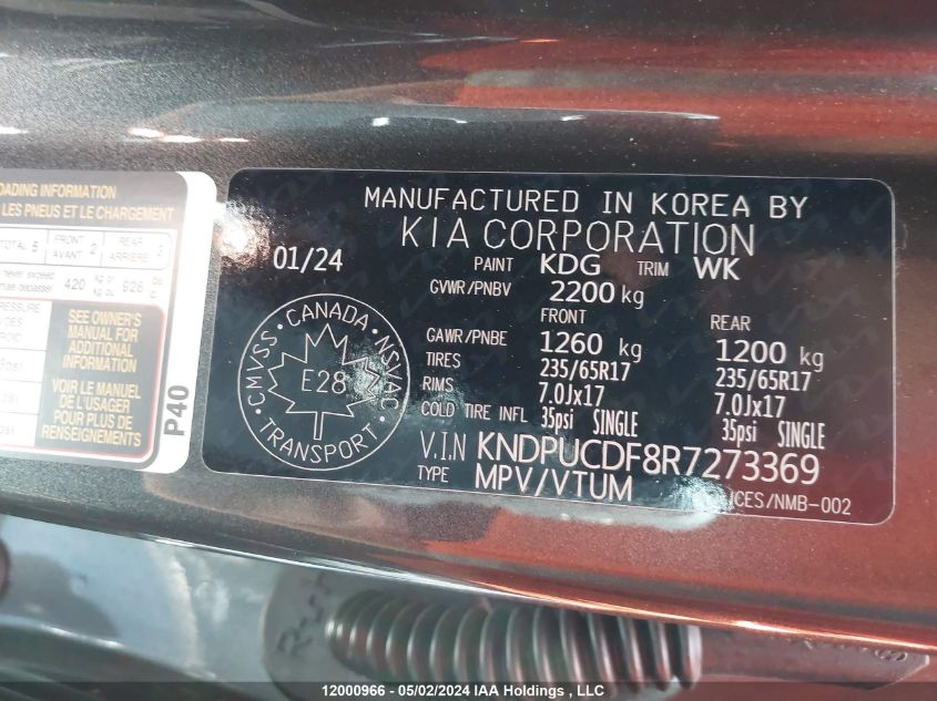2024 Kia Sportage VIN: KNDPUCDF8R7273369 Lot: 12000966