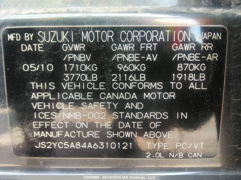 2010 Suzuki Sx4 Sport VIN: JS2YC5A84A6310121 Lot: 12000968