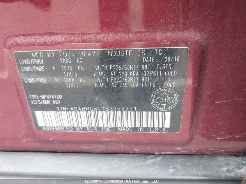 2011 Subaru Outback 2.5I Premium VIN: 4S4BRGBC1B3353391 Lot: 12000971