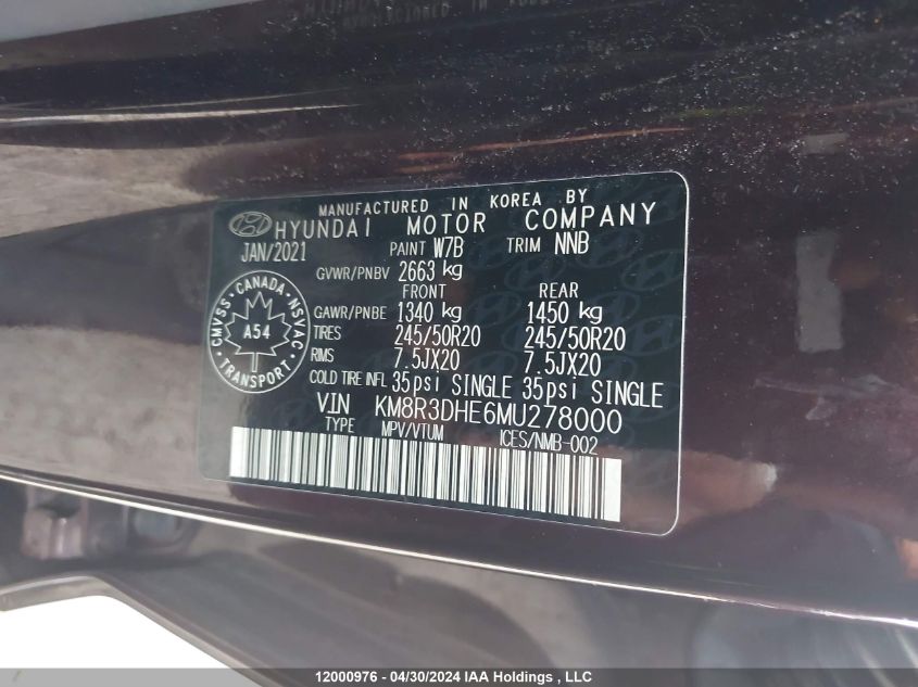 2021 Hyundai Palisade Preferred VIN: KM8R3DHE6MU278000 Lot: 12000976