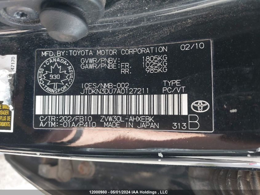 2010 Toyota Prius VIN: JTDKN3DU7A0127211 Lot: 12000980