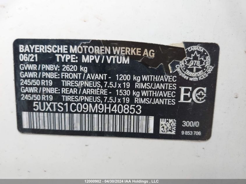 2021 BMW X3 VIN: 5UXTS1C09M9H40853 Lot: 12000982