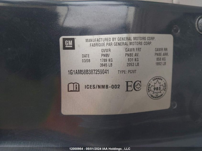 2008 Chevrolet Cobalt Sport VIN: 1G1AM58B387259041 Lot: 12000984