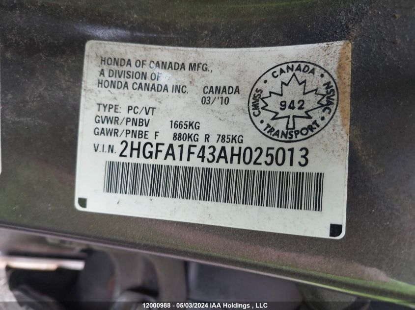 2010 Honda Civic Sdn VIN: 2HGFA1F43AH025013 Lot: 12000988