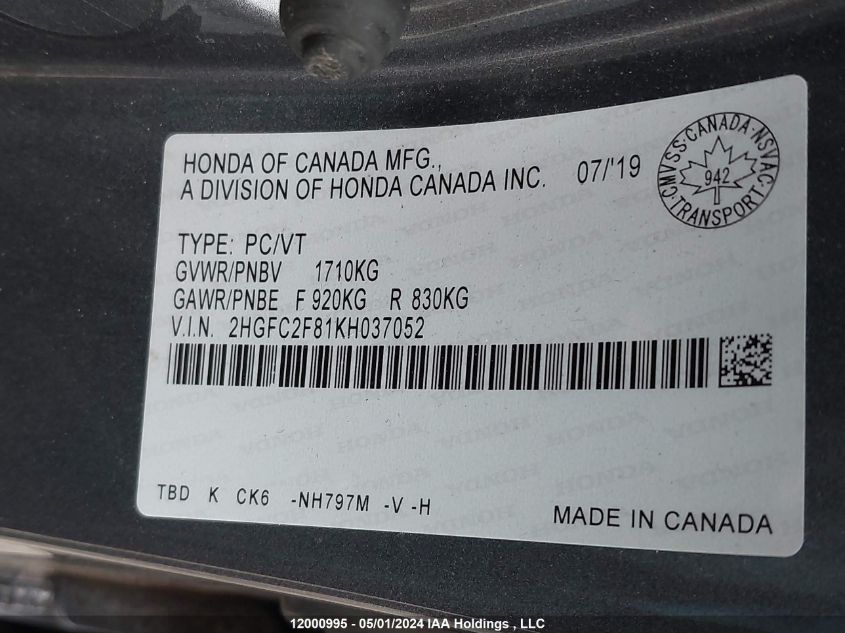 2019 Honda Civic Sedan VIN: 2HGFC2F81KH037052 Lot: 12000995