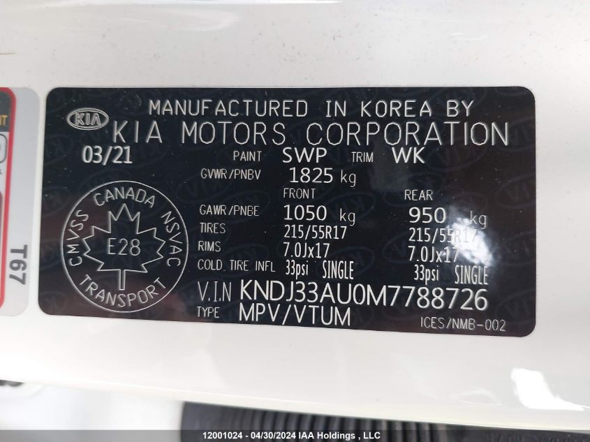 2021 Kia Soul VIN: KNDJ33AU0M7788726 Lot: 12001024