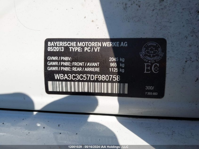2013 BMW 320 I xDrive VIN: WBA3C3C57DF980758 Lot: 12001029