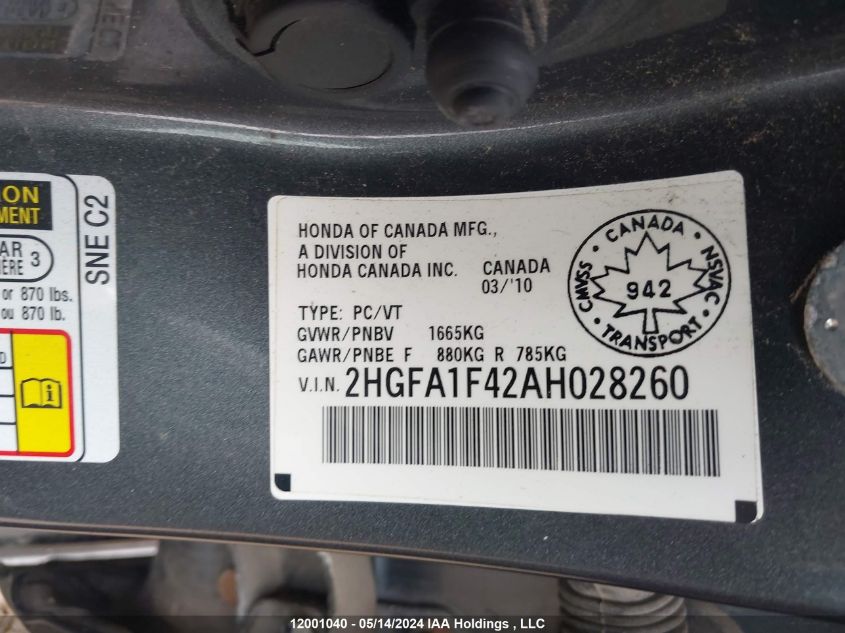2010 Honda Civic VIN: 2HGFA1F42AH028260 Lot: 12001040
