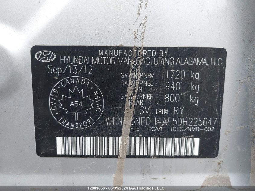 2013 Hyundai Elantra Limited VIN: 5NPDH4AE5DH225647 Lot: 12001058