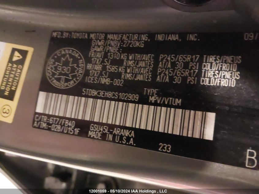 2012 Toyota Highlander Se VIN: 5TDBK3EH8CS102909 Lot: 12001059