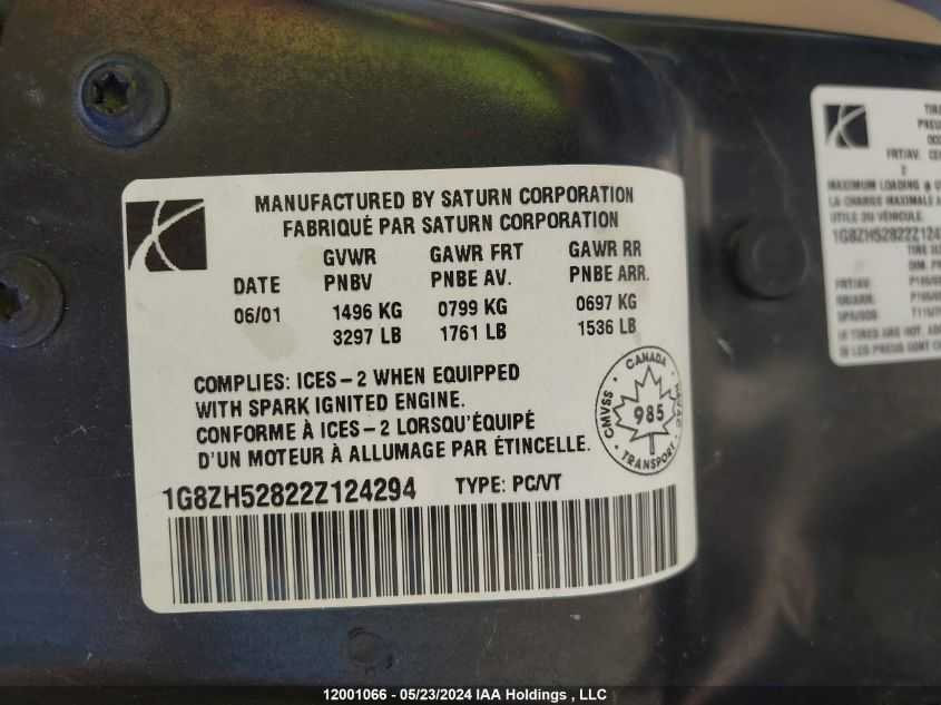 2002 Saturn Sl 4Dr Sedan VIN: 1G8ZH52822Z124294 Lot: 12001066