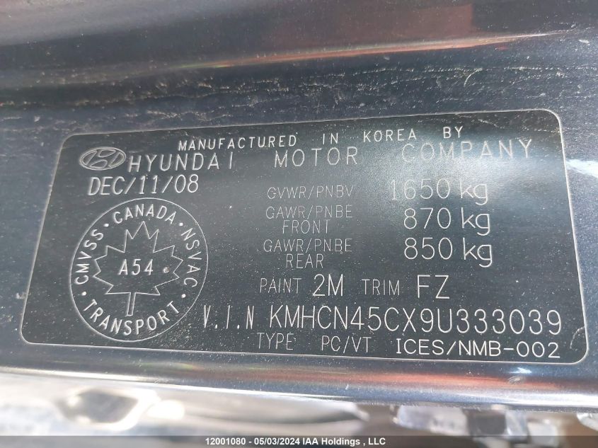 2009 Hyundai Accent VIN: KMHCN45CX9U333039 Lot: 12001080