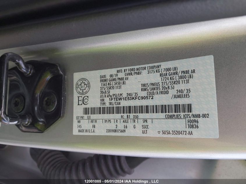 2019 Ford F150 Supercrew VIN: 1FTEW1E53KFC90572 Lot: 12001085