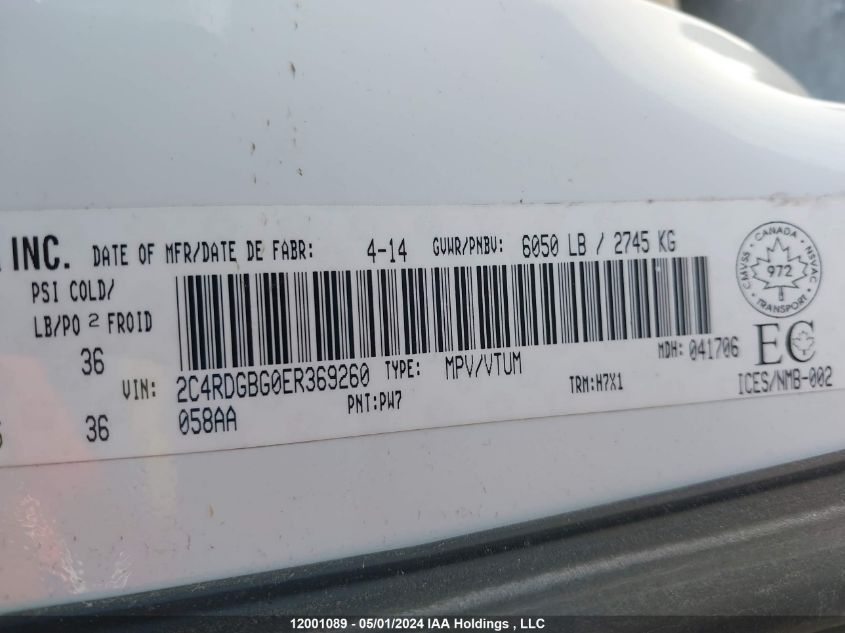 2014 Dodge Grand Caravan VIN: 2C4RDGBG0ER369260 Lot: 12001089