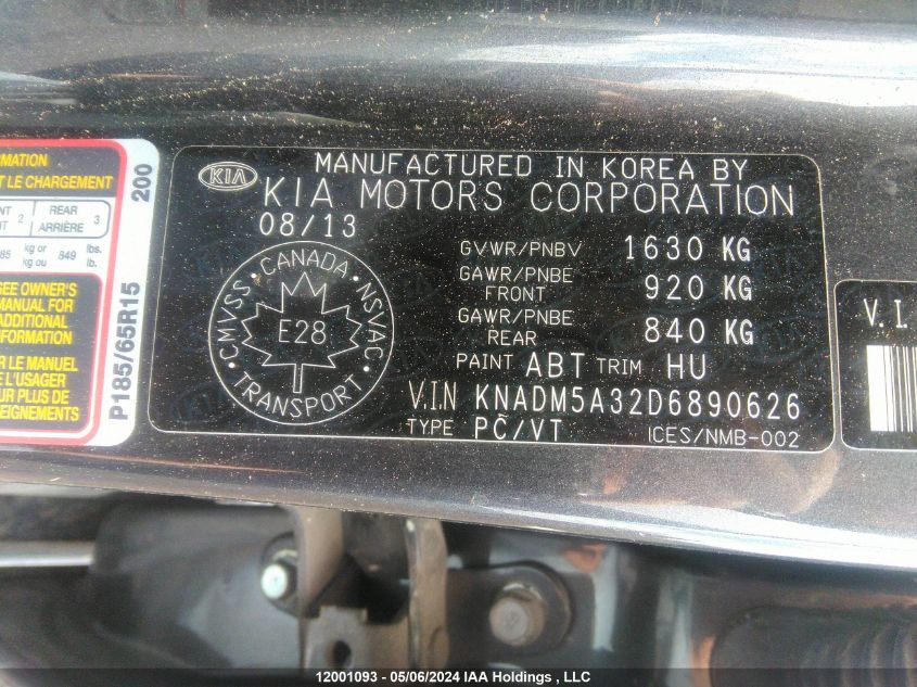 2013 Kia Rio VIN: KNADM5A32D6890626 Lot: 12001093