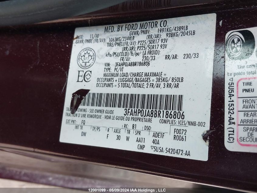 2011 Ford Fusion Sel VIN: 3FAHP0JA8BR186806 Lot: 12001099