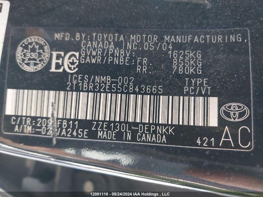 2005 Toyota Corolla Ce/Le/Sport VIN: 2T1BR32E55C843665 Lot: 12001110