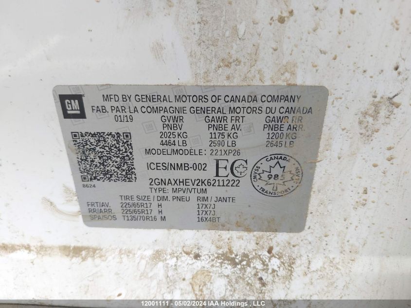 2019 Chevrolet Equinox VIN: 2GNAXHEV2K6211222 Lot: 12001111