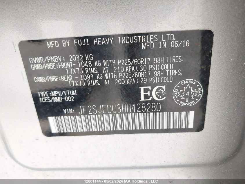 2017 Subaru Forester VIN: JF2SJEDC3HH428280 Lot: 12001144