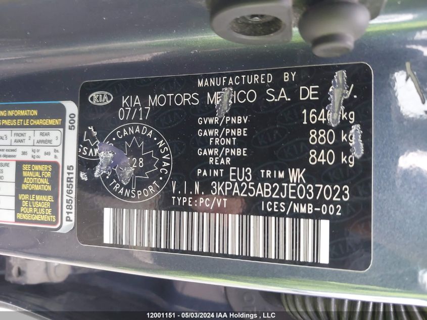 2018 Kia Rio 5-Door VIN: 3KPA25AB2JE037023 Lot: 12001151