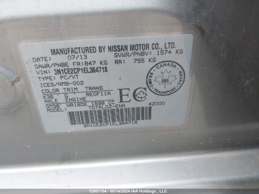 2014 Nissan Versa Note VIN: 3N1CE2CP1EL364718 Lot: 12001154