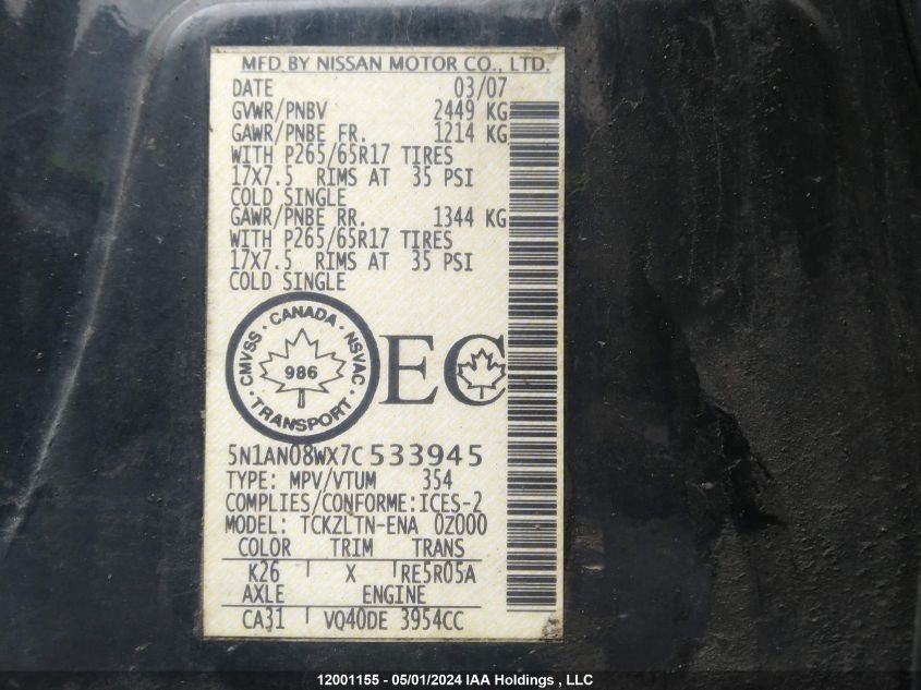 2007 Nissan Xterra VIN: 5N1AN08WX7C533945 Lot: 12001155