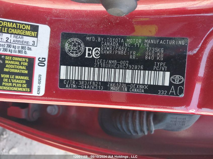 2017 Toyota Corolla VIN: 2T1BURHE3HC792826 Lot: 12001159