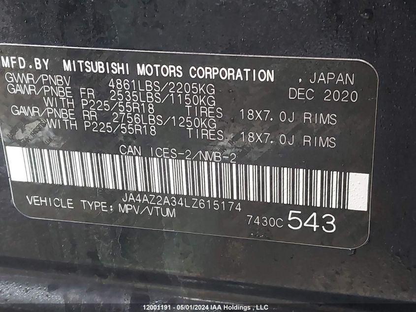 2020 Mitsubishi Outlander Es VIN: JA4AZ2A34LZ615174 Lot: 12001191