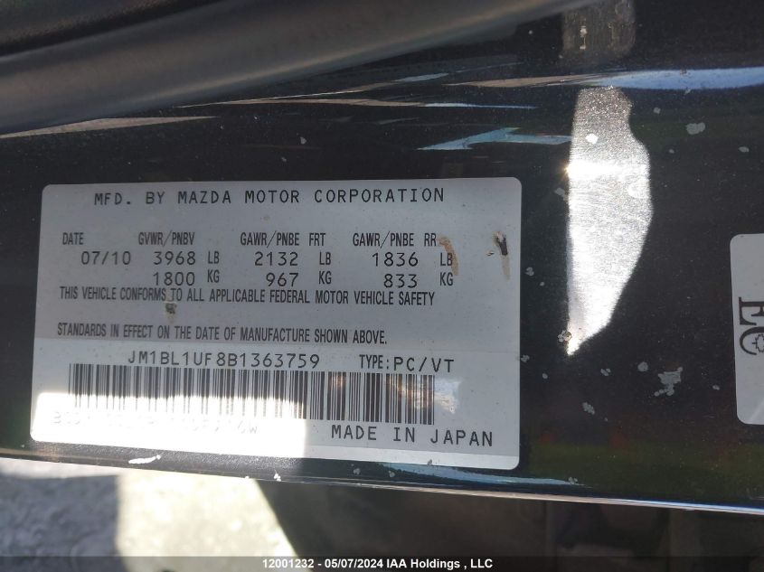 2011 Mazda Mazda3 VIN: JM1BL1UF8B1363759 Lot: 12001232