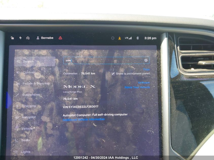 2020 Tesla Model X VIN: 5YJXCBE22LF283017 Lot: 12001242